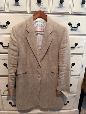 Scapa Bridget 100% Linen Long Blazer Leather Trimmed Metal Button 44